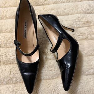 Manolo Blahnik Black Patent Mary Jane Pointed-Toe Stiletto Pumps